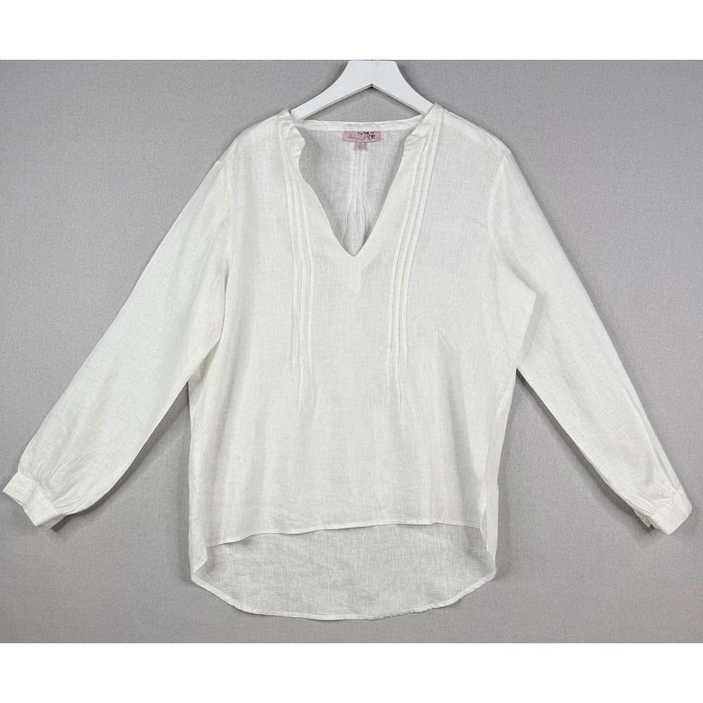 Hanna G Linen Tunic Blouse Womens‎ XL White V-Neck Pintuck Coastal Minimalist